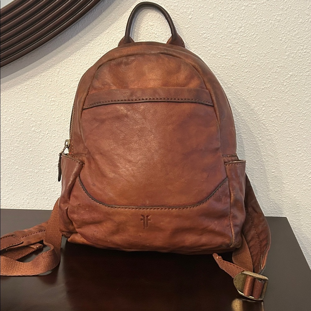 Frye Melissa Cognac Backpack crafted from antiqued pull-up Italian leather - Picture 1 of 13